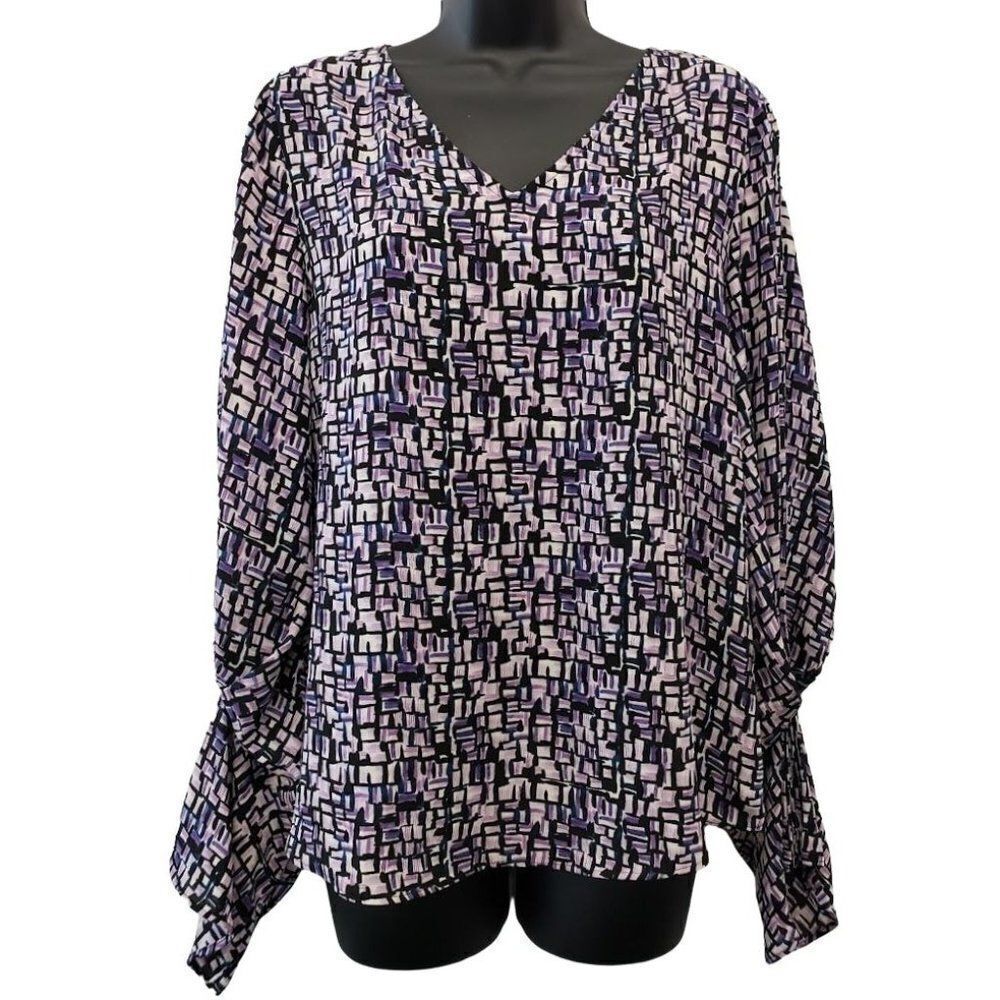 DKNYâ Chiffon Blouse TopâWomen's SMALL Purple Black White Blue Bell-SleeveâNEW